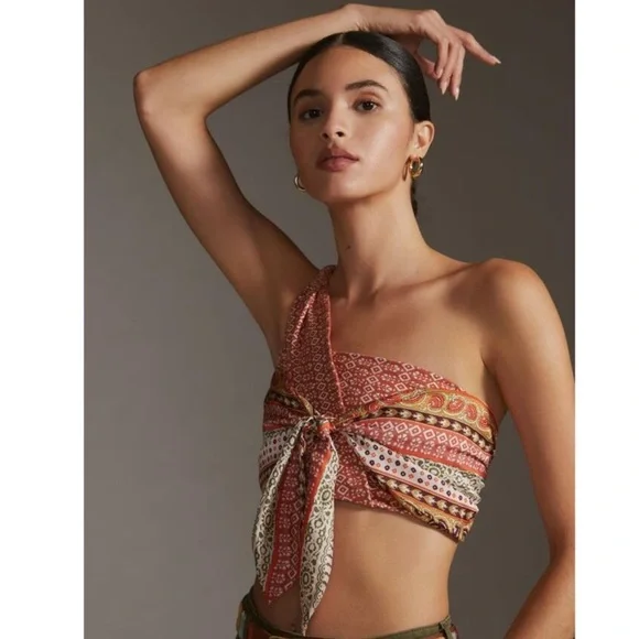 Anthropologie rustic orange aztec boho one shoulder bandeau with tie - Picture 1 of 6